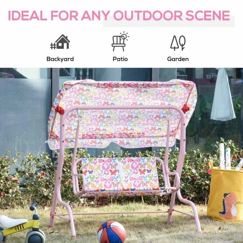 Outsunny 2-Seater Kids Canopy Garden Swing Chair - Pink - 312-026PK - Image 9