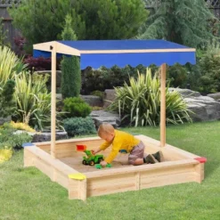Outsunny Square Wooden Kids Sandpit With Canopy - 343-035